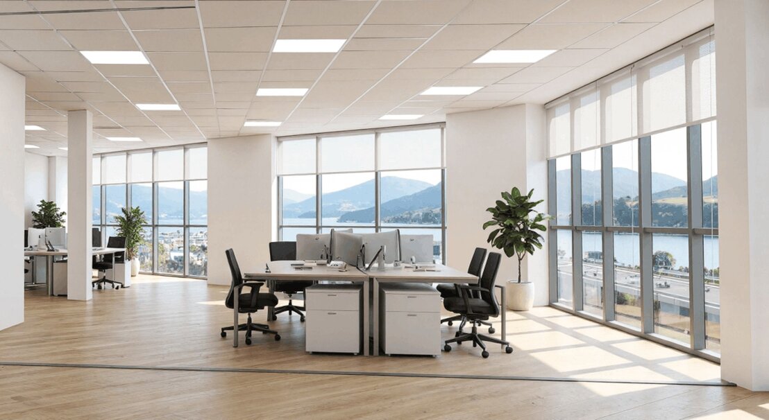 Modernes Büro mit Besprechungstisch und Arbeitsplätzen