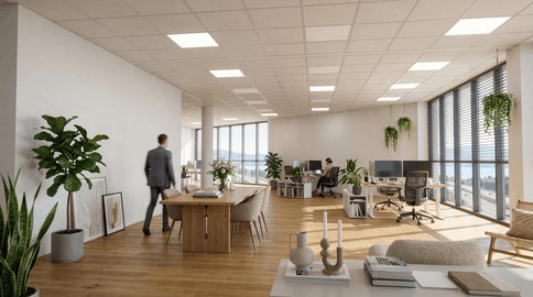 Modernes, helles Büro mit Besprechungstisch und Arbeitsplätzen