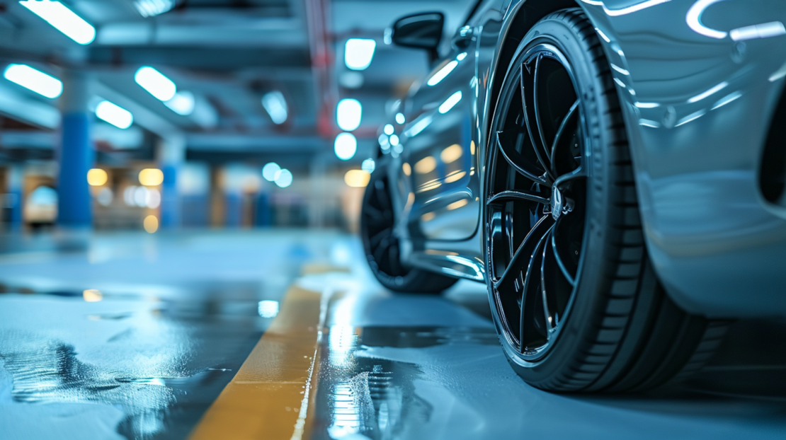 Helle, moderne Tiefgarage mit markierten Stellplätzen